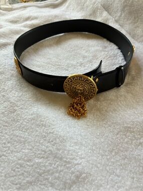 Black Leather Belt with Gold Medallion and Chain Accent